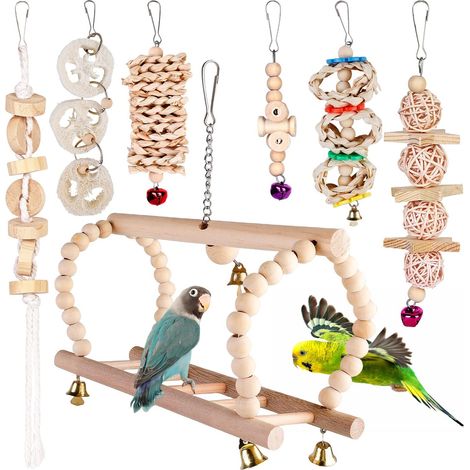 Set de 7 Jouets pour Oiseaux Perroquets Balançoire en Bois et Accessoires à Suspendre (1/5)
