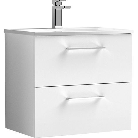 Balterley Contemporary Bathroom 2-Drawer Wall-Hung Curved Basin Vanity Unit, Gloss White, 600mm (1/4)