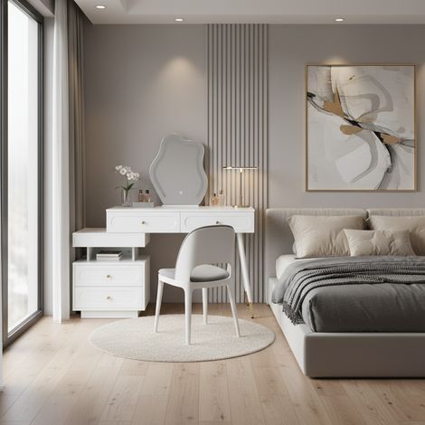 URBAN MEUBLE Coiffeuse modulable blanche avec miroir LED, 4 tiroirs et chevet lumineuse (sans tabouret) 140x40x130cm