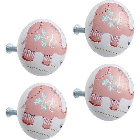Lot de 4 boutons de tiroir en céramique, poignées de commode rondes de 38 mm, jolis boutons décoratifs pour armoire, penderie, chambre d'enfant-Pink Elephant