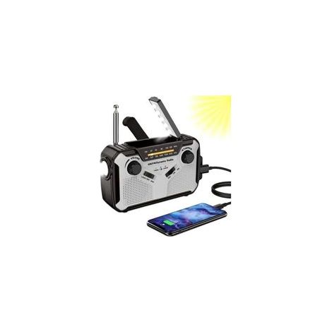 Solar Radio, AM/FM Portable Crank Radio Dynamo Emergency Radio with 4000 mAh Rechargeable Battery, LED Torch, SOS Alarm for Camping, Outdoor/Emergency (Grey) (1/5)