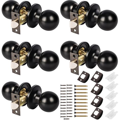 Lot de 5 poignées de porte rondes inox Poignées sans serrure pour portes intérieures, chambre, salle de bain, finition noire. (1/5)