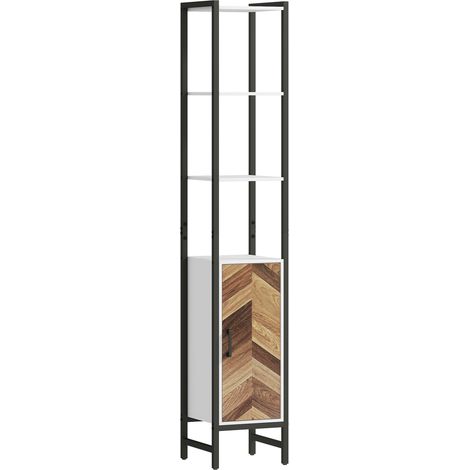 Armoire de salle de bain haute avec 3 étagères ouvertes, 1 porte et étagère anti-basculement réglable, 30 x 30 x 170 cm, blanc et noyer