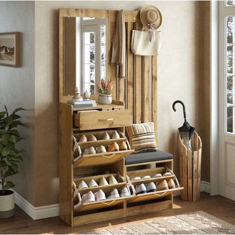 Porte-manteau d'entrée en MDF naturel avec miroir et banc rembourré, 99,5 x 26 x 180 cm, portes effet rotin et range-chaussures (1/5)