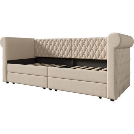 Lit banquette vintage en lin beige 90x200 cm avec 2 tiroirs de rangement (1/5)