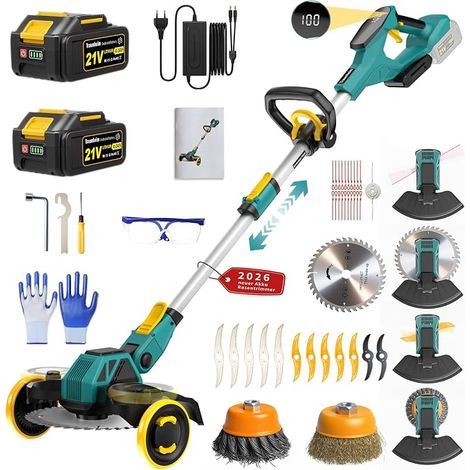21V Cordless Grass Trimmer, Compatible with 18V Batteries, Brushcutter with Weed Brush, 2 x 4.0Ah Batteries Included, 900W Brushless Motor for Lawn, Garden, Yard (Blue) (1/5)