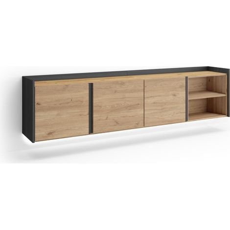Skraut Home - Mobile TV Soggiorno, Ampio spazio a disposizione, 207x35x50cm, Per TV fino a 80", Sospeso, da appendere, LED, Stile moderno, Rovere e nero (1/5)
