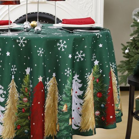 Runde Tischdecke 160cm Weihnachten abwaschbar grün mit Weihnachtsbäumen und Schneeflocken