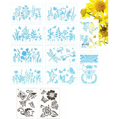 Pochoirs de fleurs sauvages, 12 pochoirs pour peindre sur bois, plantes des champs, abeilles, oiseaux, feuilles, papillons, modèles de dessin pour murs, toiles, meubles (1/5)