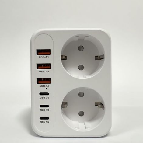 Multiprise Murale - 2 Prises UE Type F - 3 USB-A QC 3.0 - 3 USB-C PD 20W - Blanc - 1 Pièce (1/5)