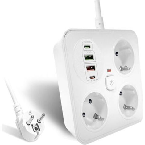 Multipresa a 3 vie con 2 porte USB-A e 2 porte USB-C, adattatore di alimentazione con cavo di prolunga da 2 m (250 V/16 A), multipresa per ufficio e casa (bianca)
