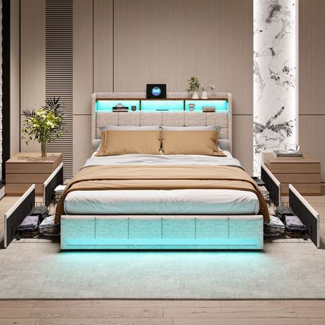 Cama 180×200 - Cama con dos colchones 90×200 - 4 cajones XXL - LED y USB-C - Lino beige (1/5)