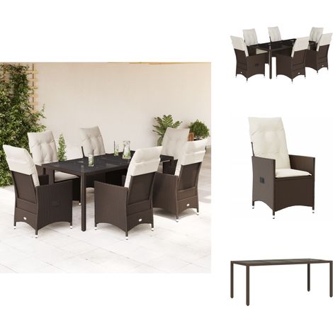 7-tlg. Garten-Essgruppe mit Kissen Braun Poly Rattan - Gartenset - Outdoor Möbel - Esstisch - Gartenstühle - Lounge Set (1/5)