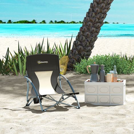 Chaise de Plage Pliable avec Dossier en Maille et Porte-Gobelet, en Métal et Tissu Oxford, 58x55x62 cm, Noir
