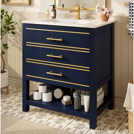 Meuble rangement salle de bain 76 cm vasque MDF bleu OKMYHOME (1/5)