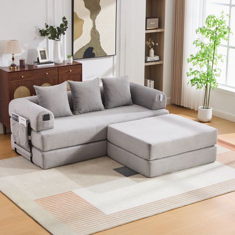 Sofá cama modular con puf, estructura metálica y 3 cojines, gris claro HAVRYA (1/5)