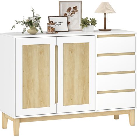 Credenza, mobile contenitore con 2 ante e 4 cassetti, ripiano regolabile, 120 x 40 x 86 cm, bianco e rovere (1/5)