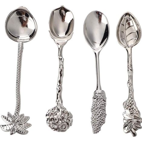 Vintage Alloy Mini Spoons, 4 Pieces, Tea Spoon, Dessert Spoon, Coffee Spoon, Stirring Spoons, Lightweight and Reusable for Home, Bar and Cafe (Silver) (1/5)