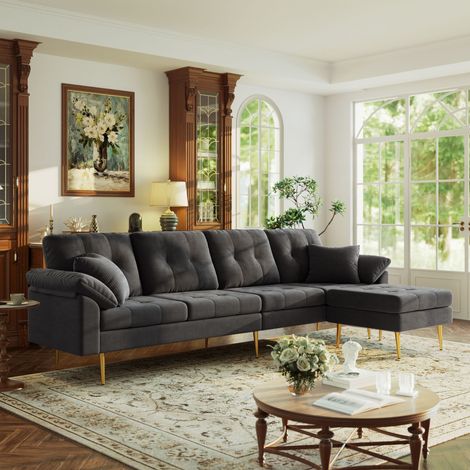 Canapé 4 places moderne en velours côtelé 250cm avec pouf modulable, configurable en canapé d’angle L, coussins épais et doux, pieds en fer de 20cm, grand canapé lounge pour salon (1/5)