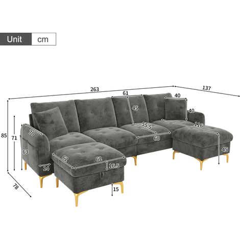 Canapé-lit modulaire 4 places en U, 2 poufs rangement 2 coussins décoratifs, 263x137x85 cm salon, 4 places, coloris gris (1/5)