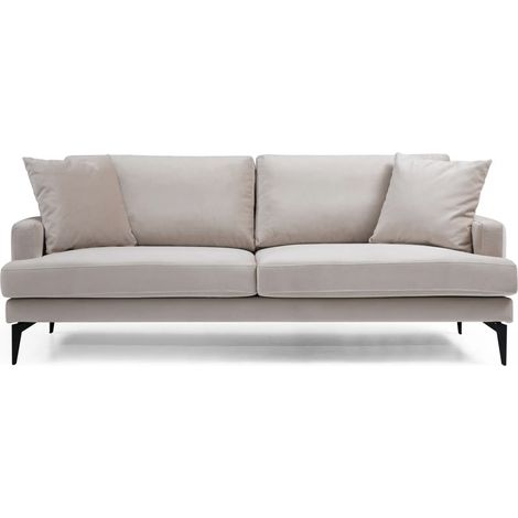 Canapé 3 places design tissu velouté beige et pieds métal noir Kombaz 205cm (1/5)