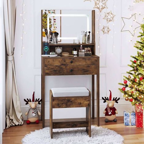 Vanity Table with LED Mirror, Rustic Brown, Glass Top (1/4)