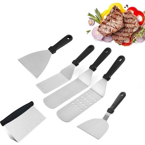 Juego de 6 utensilios para barbacoa y plancha: espátula de acero inoxidable para plancha, juego de accesorios para asar a la parrilla al aire libre, teppanyaki y acampar. (1/5)