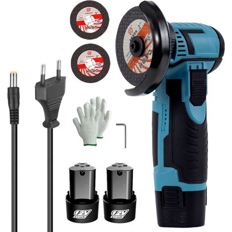 Meuleuse d'angle sans fil 500 W 12 V, disque à meuler de 76 mm, avec chargeur et 2 batteries de 1500 mAh, 2 disques à tronçonner (1/5)