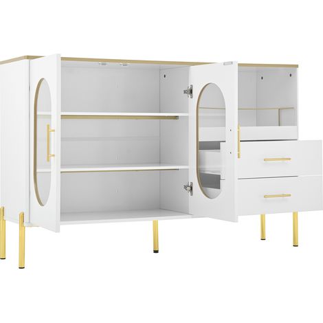 Buffet moderne blanc avec 2 tiroirs et 2 portes vitrées, 140 x 38 x 90 cm, MDF, détails dorés (1/5)