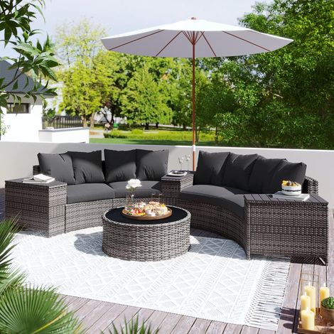 Rattan garden furniture set with round coffee table and grey UV-resistant cushions (1/5)