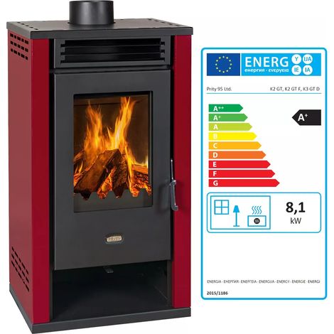 Estufa de Leña moderna con lados en color rojo 8.1kW Modelo Prity K2 GT