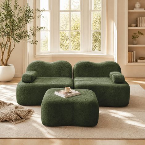 Divano angolare modulare 2 posti in velluto verde con ottomana, senza montaggio, 192 cm (1/5)