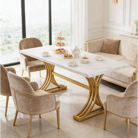 MEUBLIV Table à manger 160x80 cm blanc et doré – plateau finition marbre, 4-6 personnes (1/5)