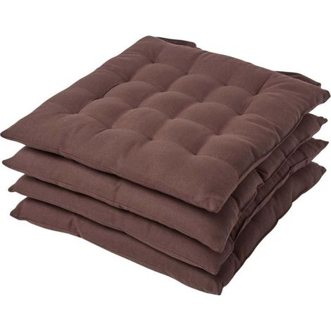 HOMESCAPES Chocolate Brown Plain Seat Pad with Button Straps 40 x 40 cm, Set of 4