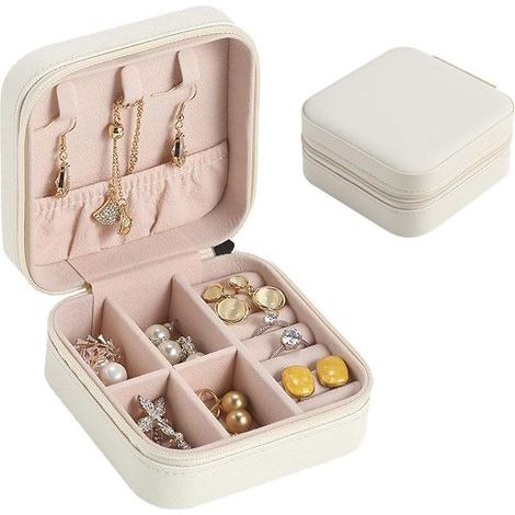 Petite Boîte à Bijoux pour Filles, Boite Bijoux Voyage Portable en Cuir PU, Mini Organisateur de Bijoux, Rangement pour Boucles d'Oreilles Bagues Chaînes, Anniversaire, Cadeau, Blanc (1/5)