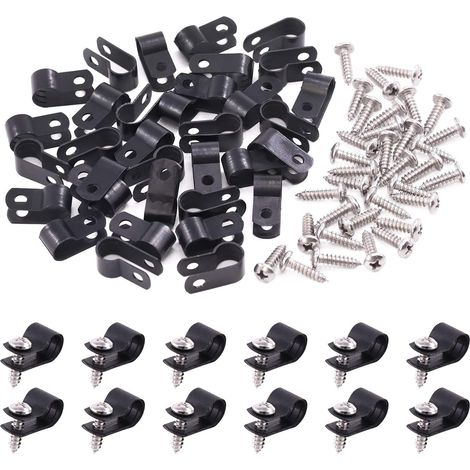 Lot de 120 pinces à câbles en nylon noir de type R de 5/16 pouce, kit de serrage en nylon avec 60 vis pour la gestion des fils (5/16 pouce, noir) (1/5)
