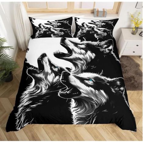 Housse de Couette Motif Loup Noir 3D Animaux Imprimé Parure de Lit en Microfibre Adulte Parure Housse Couette 200x200cm - QEE (1/3)