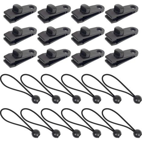 12 Stück Planenclips + 12 Stück Gummi-Bungee-Seile mit 15 cm Kugel, Planenklemmen mit Festziehschloss, Greiferschrauben, Clips für Outdoor-Plane, Zelt, Camping, Markise