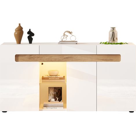 Buffet LED 3 portes 140x40x70 cm, rangement en blanc brillant avec vitrine verre et commande via appli, style moderne - CHICFURN (1/5)