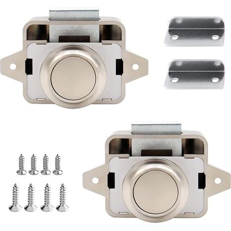 2 Piece Push Lock, Push Lock Furniture, Keyless Push Latch, Camping Push Lock Button, with Screws, for Cabinets, Drawers, Caravans (Nickel Colour) (1/5)