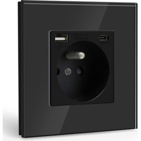 Multiprise Murale Max 2.1A avec USB et 1 Prise avec Type C,16A Prise de Courant Alternatif avec Panneau en Verre,Convient au Smartphone, à la Tablette (Noir) (1/3)