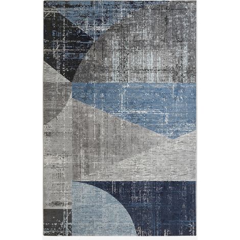 Alfombra rectangular geométrica azul gris para salón Double BLU006 (1/3)