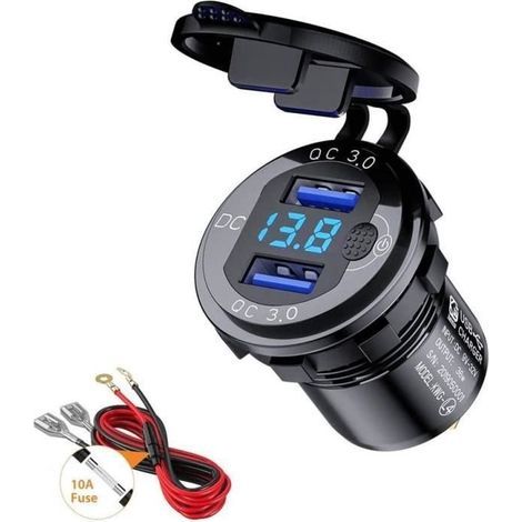 Wasserdichter USB-Kfz-Ladeadapter mit Schnellladefunktion (QC 3.0) und zwei Anschlüssen, 36-W-Schnellladefunktion, digitalem Voltmeter und LED-Anzeige (1/4)