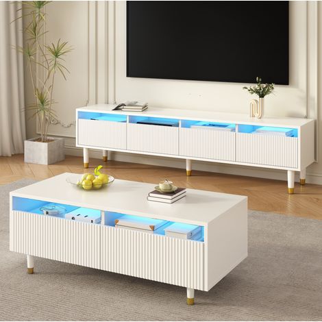 Mobile TV e tavolino da salotto LED bianco e oro 4 ante 2 cassetti HAVRYA (1/5)