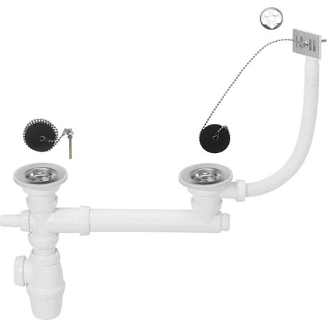 Ensemble complet vidage d'évier 2 bacs D60 avec siphon évier, bonde à bouchon, trop-plein et tube de raccordement, Wirquin 30724005, Chromé (1/3)