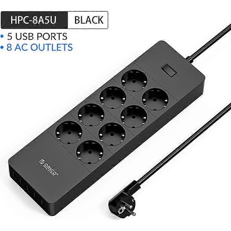 Rallonge multiprise avec port USB, protection contre les surtensions pour la maison et le bureau, filtre réseau intelligent 8AC 5USB noir. (1/4)