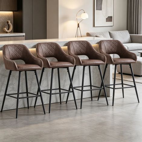 AINPECCA 4pcs Brown Bar Stool Faux leather Seat w/Backrest &Armrest Metal Leg Kitchen Breakfast