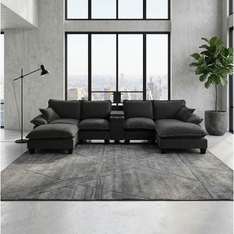 Canapé modular en chenilla negra 362x151x90 cm con USB, almacenaje y portavasos (1/5)