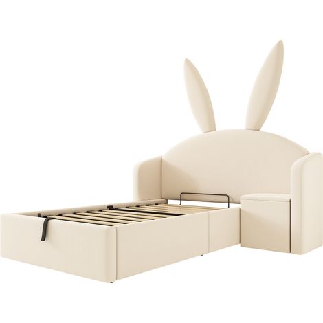 Letto bambino 90x190 cm in velluto con testiera a orecchie di coniglio, contenitore e comodino beige (1/5)