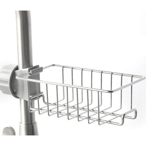 Étagère de douche suspendue en acier inoxydable Comtervi, installation sans perçage, avec crochets, porte-éponge, panier à savon et porte-savon pour barres de douche rondes de 20 à 25 mm de diamètre. (1/5)